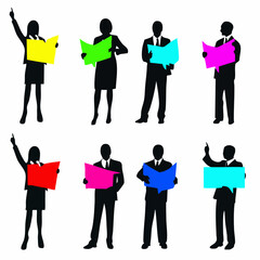 Obraz premium Silhouette figures presenting colorful papers. Vector Image