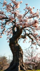 Fototapeta premium Ancient, flowering tree, boughs laden with blossoms, springtime bloom, spring, branches, old tree