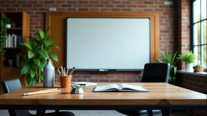Modern classroom with wooden desk and whiteboard in bright learning environment.