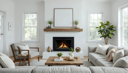 modern farmhouse simple living room with minimal decor gas fireplace with a raw edge wooden