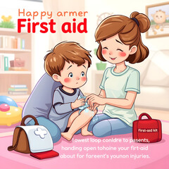 Gentle care: Mother applying first aid to her son at home illustration