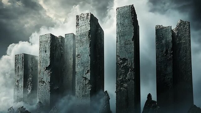Abstract ruins of towering structures emerging from misty clouds under a dramatic sky
