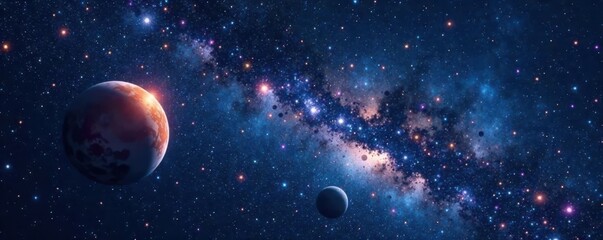 Dark canvas of space with twinkling stars and planets in a galaxy background, cosmos, space