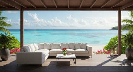 Naklejka premium Tropical Beachfront Patio Relaxation - Serene beachfront patio with white sectional sofa, coffee table, and stunning ocean view. Perfect for relaxation and tranquility