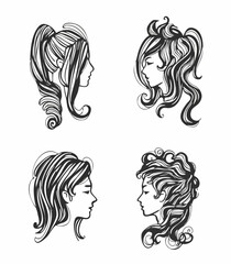 Fototapeta premium Elegant Woman Hairstyle Designs Set Profile View. Vector Image