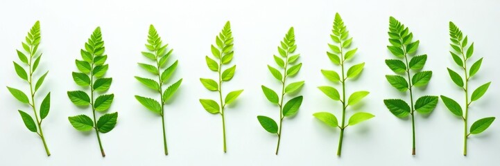 Obraz premium Sprigs of ferns scattered on a white surface, delicate fronds unfurl, greenery, nature