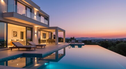 Fototapeta premium Twilight Villa: Sunset Serenity - Luxury villa, infinity pool, sunset view, modern architecture, tranquil escape. Symbolizing: opulence, relaxation, peace, luxury, escape