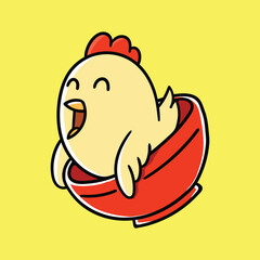 Funny Chicken Character Sitting Happily in Red Bowl