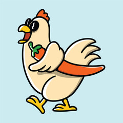 Happy Cartoon Chicken Carrying a Chili Pepper and Walking