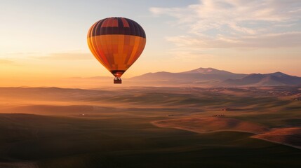 Obraz premium A colorful hot air balloon flying above a vast green field.