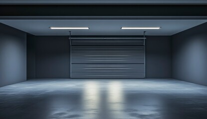 Empty Garage Interior with Closed Door and Concrete Floor and Lighting