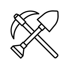 Crossed Pickaxe and Shovel Icon Representing Mining Tools in Simple Line Style
