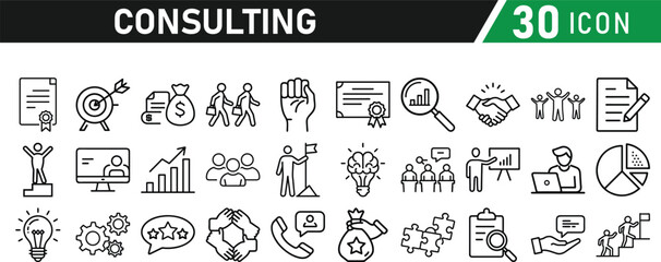 Set of 30 icons related to consulting. Linear icon collection. Editable stroke. Vector illustration collection