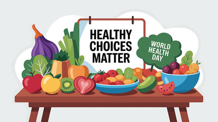 World Health Day vector illustration in flat design showing medical professionals, heart health, stethoscope, and healthcare icons – perfect for hospital, clinic, wellness, and medical campaign design