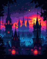 Pixel art depicting a fantasy cityscape at sunset, featuring numerous gothic-style towers, castles, and buildings.  Warm-toned sunset sky with stars.