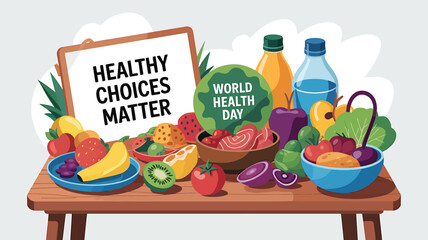 World Health Day vector illustration in flat design showing medical professionals, heart health, stethoscope, and healthcare icons – perfect for hospital, clinic, wellness, and medical campaign design
