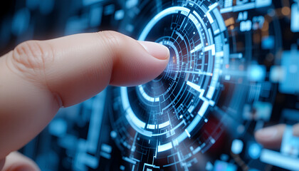  Create a stock image featuring a close-up of a finger interacting with a sleek digital interface displaying a progress bar for an update. The interface should have a modern, futuristic design