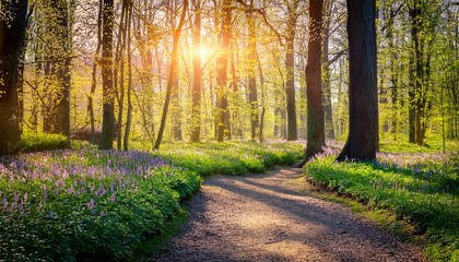 Obraz premium Beautiful romantic widescreen spring image with a path in the forest