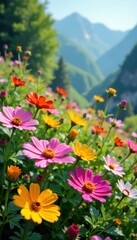 Obraz premium Diverse colorful wildflowers blooming in a sunny spot, field, nature