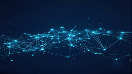 Glowing blue network of interconnected nodes and lines on a dark blue background.