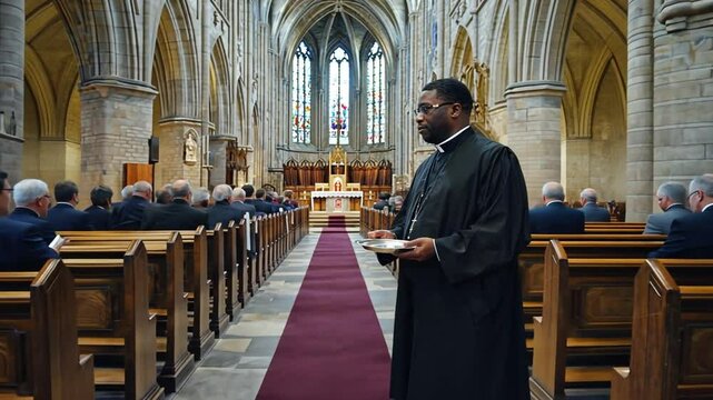 Priest with a collection box of donations.