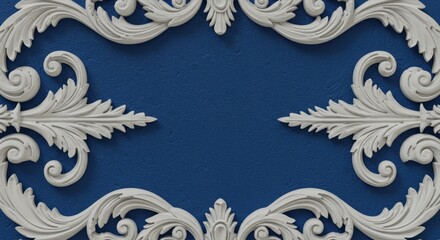 White Carving Ornament on Blue Background - Elegant white carvings create a decorative frame against a textured blue backdrop. Symbolizing artistry, refinement, classic design, ornate detail