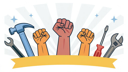 Labour Day banner design with construction tools and clenched fists, labor day, May 1st International worker's day celebration, Labour day concept