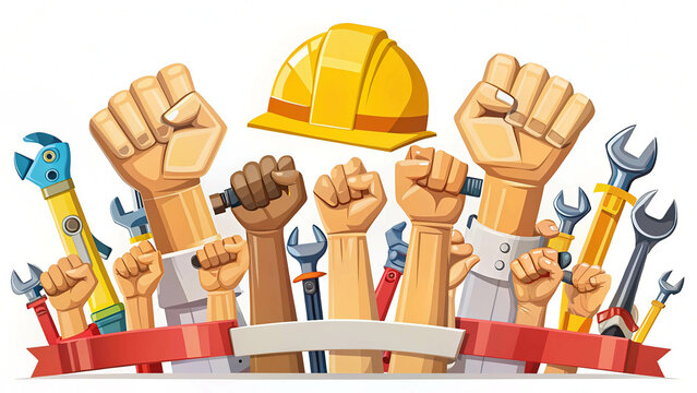 Labour Day banner design with construction tools and clenched fists, labor day, May 1st International worker's day celebration, Labour day concept