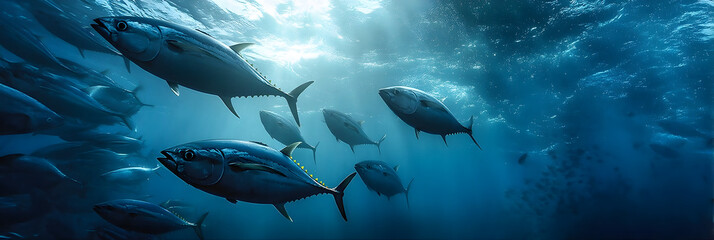 Obraz premium World Fisheries Day. Blue sea background with a lot of fish. Shoal of tuna in the ocean. Horizontal banner. Free space for text. World Tuna Day. World Ocean Day Fishing Day. Postcard, template