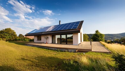 A sustainable house features solar panels against a beautiful natural backdrop, capturing sunlight.