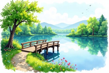 Obraz premium Delicate watercolor sketch of a small wooden bridge near a tranquil lake, peaceful, landscape
