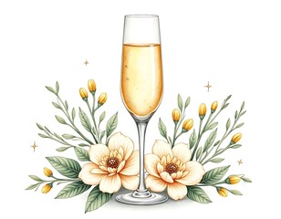 new year floral illustration with champagne glass and winter blossoms