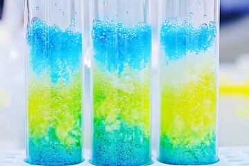 Colorful chemical reaction in test tubes, showcasing layered density experiment.