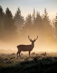 A stag gracefully poses amidst a misty forest at dawn, capturing the serene beauty of nature.