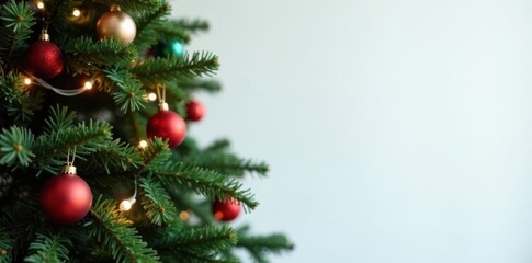 Evergreen tree with densely packed glass ornaments and twinkling string lights against a soft white background , tree, christmas