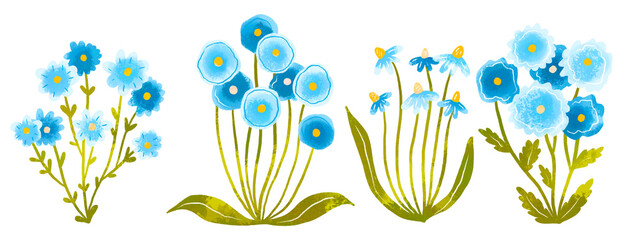 Set of watercolor wildflowers. Collection of isolated. Blue colors flowers blossom. Daisy, tulip, cornflower, wild and fantasy flowers. Field Flowers