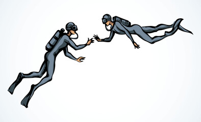 Scuba diver underwater. Vector drawing