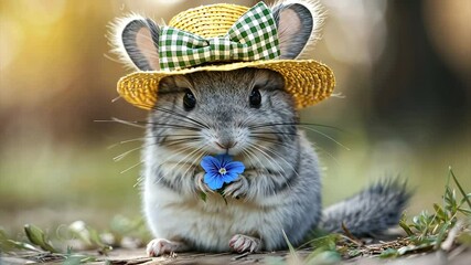 Adorable gray rodent wearing straw hat and holding flower