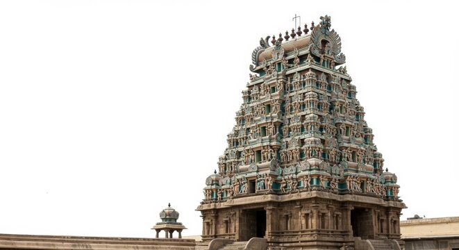 Exquisite hindu temple tower featuring ornate detailing against a white backdrop