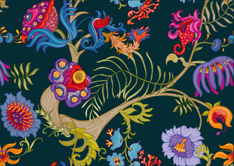 Fantasy, alien hypnotic flowers, decorative flowers and leaves. Cartoon style. Millefleurs trendy floral design. Seamless pattern, background. Outline hand drawing vector illustration.