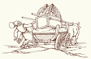 Naklejka premium Vector drawing. The ark of the covenant being transported on a wooden cart pulled by two oxens