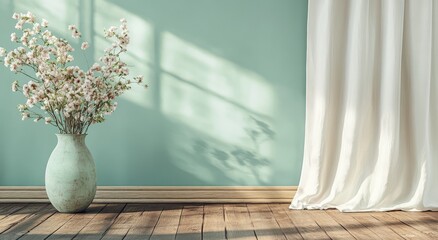 A serene room with a vase of delicate blossoms, soft light, and flowing curtains.