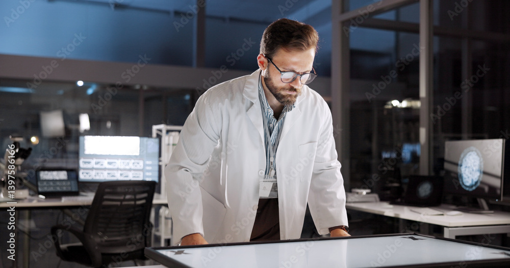 Poster scientist, man and mockup with screen for study review, medical research or innovation. computer tab