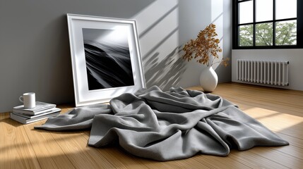 Minimalist poster frame on the floor in a modern living room with soft lighting and cozy decor