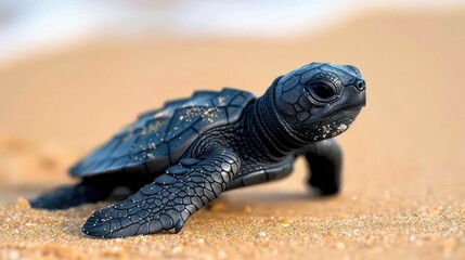 Obraz premium A small, dark-colored sea turtle hatchling crawls on a sandy beach towards the ocean.