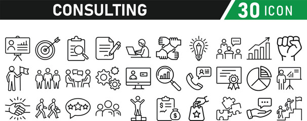 Set of 30 icons related to consulting. Linear icon collection. Editable stroke. Vector illustration collection