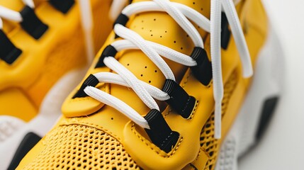 Close-up view of vibrant yellow sneakers with white laces and black accents.  Detailed mesh upper and chunky sole