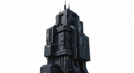 Futuristic urban tower with complex architectural design against a white backdrop