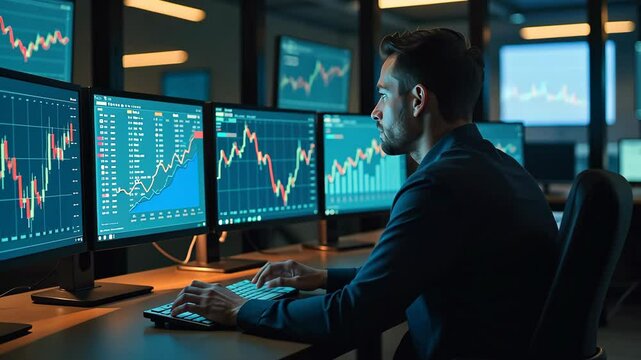 Man Working Analyzing Stock Market Data on Multiple Computer Screens