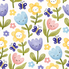 Cute baby seamless floral pattern. Hand-drawn flowers in kids style, cute texture design. Endless repeatable background for textile, fabric, wallpaper and wrapping. Repeating print